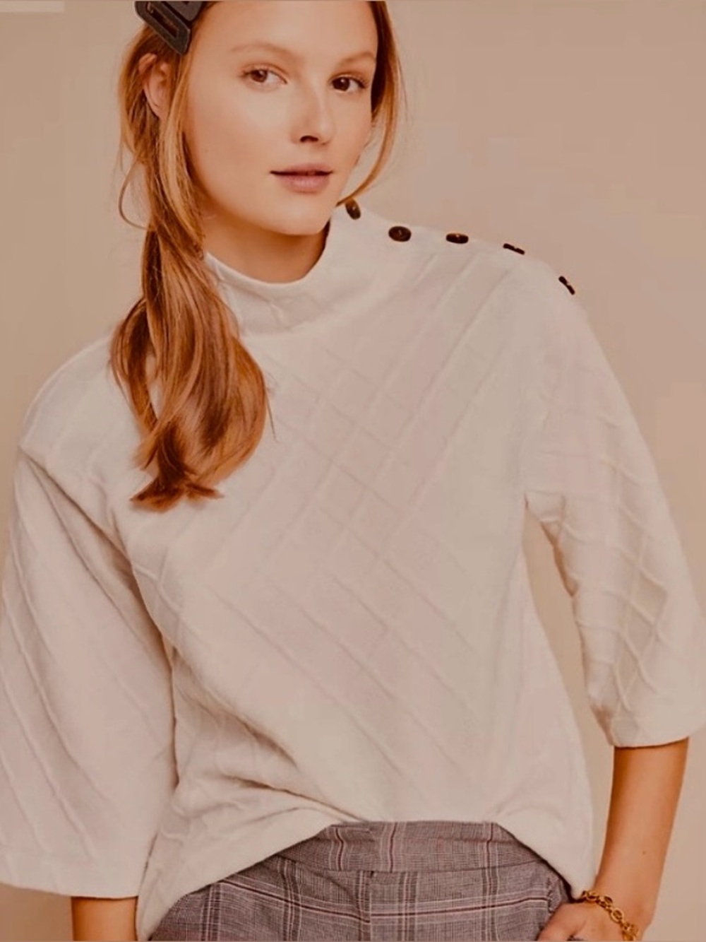 Anthropologie”Sunday in Brooklyn” XS Women's Cream Button-Shoulder Knit Top